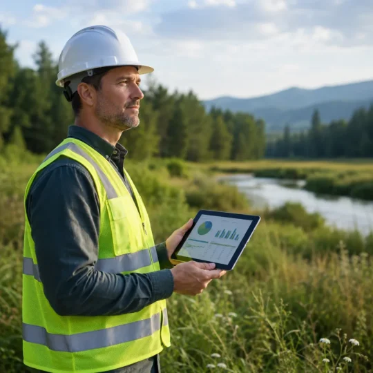 Fiscal com tablet em paisagem natural.