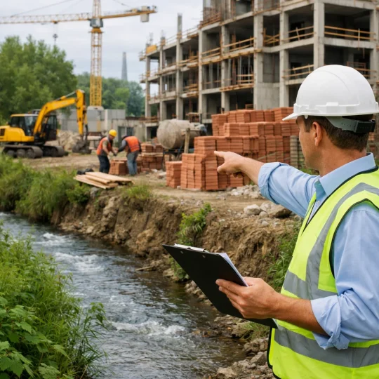 Fiscal em construção, supervisionando atividades em APP.