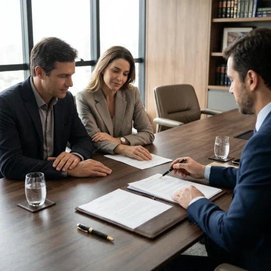 Casal em reunião com advogado.