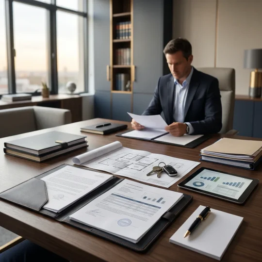 Homem em escritório analisando documentos.